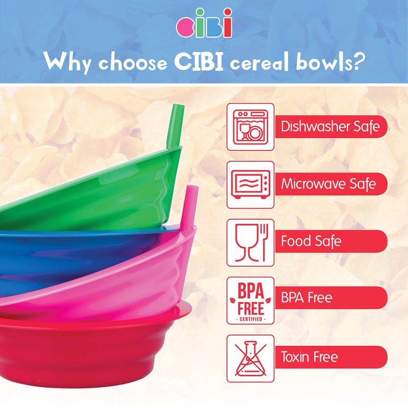 Cibi Cereal Bowls with Straws for Kids BPA-Free Plastic | Toddler Sip-A-Bowls with Built-In Straw for Cereal and Soup | Set of 4 Colorful Breakfast Bowls - Image 3